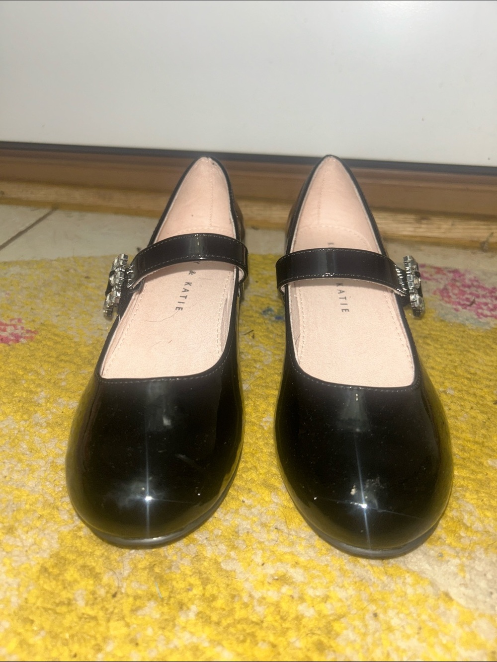 Kelly & Katie Black Patent Mary Jane Flats with Crystal Accent